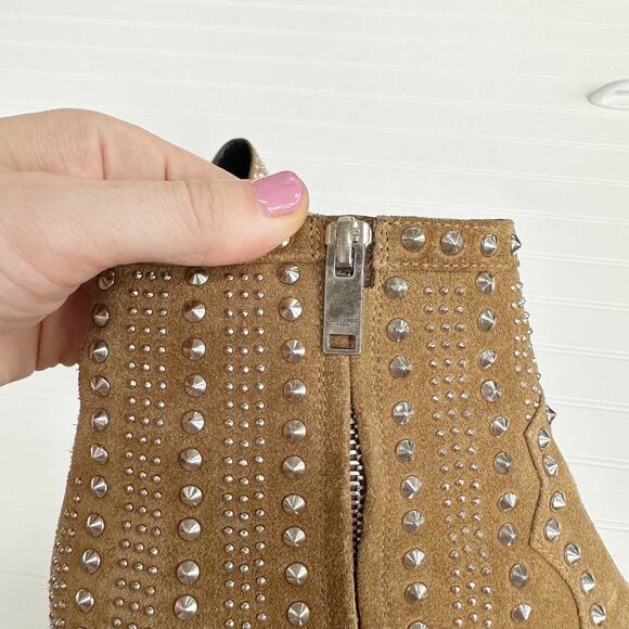 Saint Laurent Cat Ankle Bootie 50 Tan Suede Studded Heels Western Kitten - Picture 12 of 14
